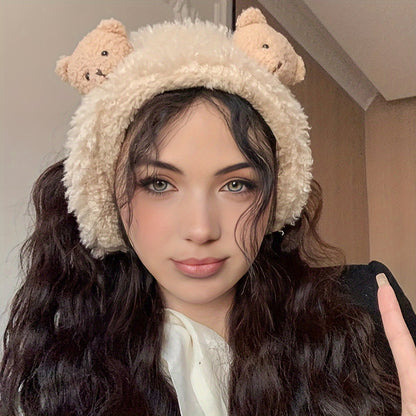 1 Cute Women'S Plush Bear Earmuffs - Cozy Fabric, Stretch Fit, Warm Ear Protection for Autumn & Winter, Occasion Theme, Hand Wash Only, Fashion Accessory | Playful Design | Soft Texture, Ear Warmers for Winter