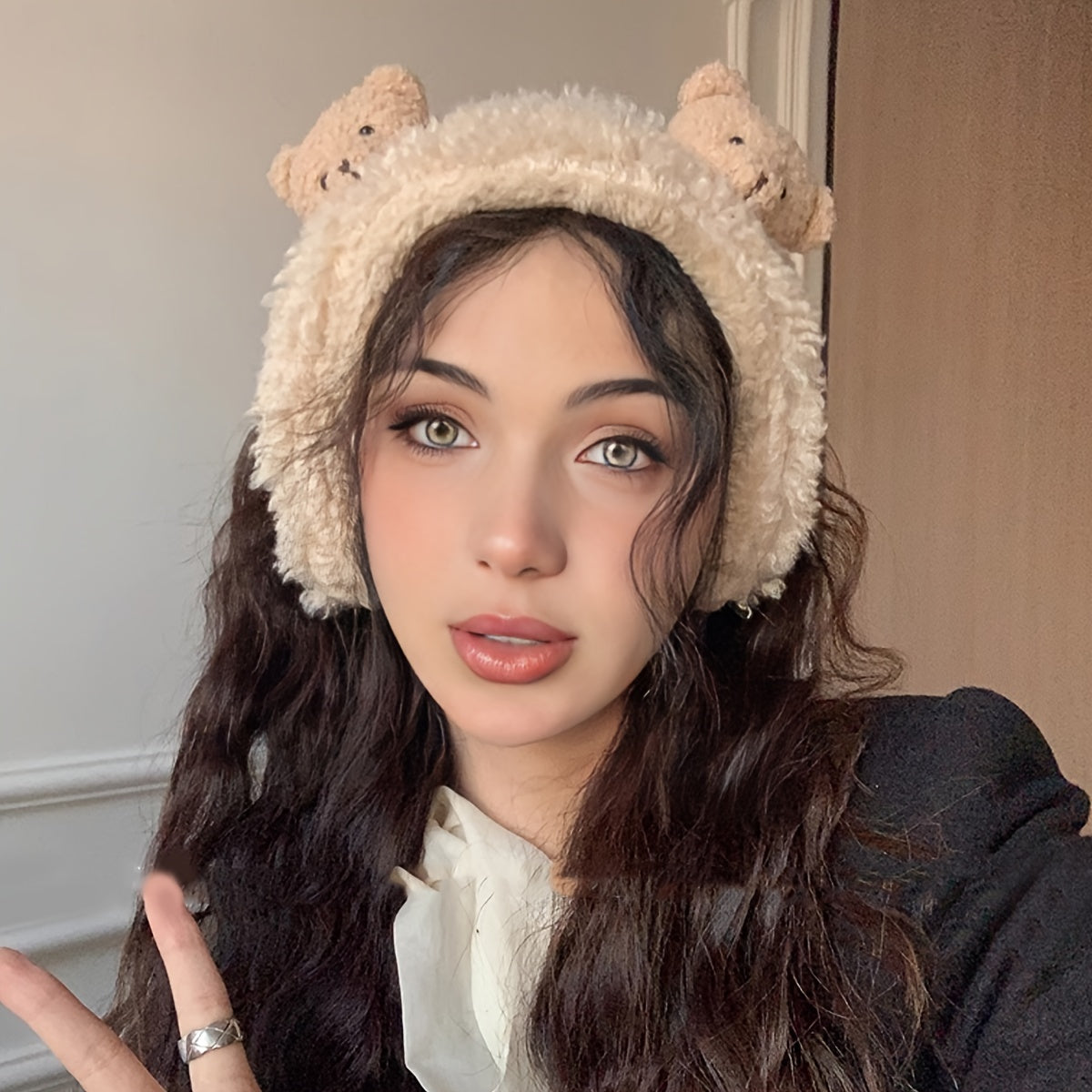 1 Cute Women'S Plush Bear Earmuffs - Cozy Fabric, Stretch Fit, Warm Ear Protection for Autumn & Winter, Occasion Theme, Hand Wash Only, Fashion Accessory | Playful Design | Soft Texture, Ear Warmers for Winter