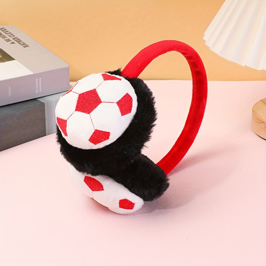 Plush Soccer Ball Cartoon Style Earmuffs for Autumn and Winter - Cozy Warm Ear Protectors, Hand Wash Polyester Ear Covers with Knitting Weave, Fitted Design for Comfort and Warmth
