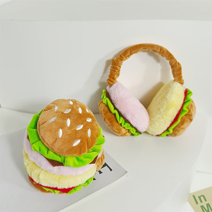 Cozy Hamburger Plush Earmuffs for Women - Foldable, Soft Faux Fur Winter Ear Warmers, Hand-Wash Only