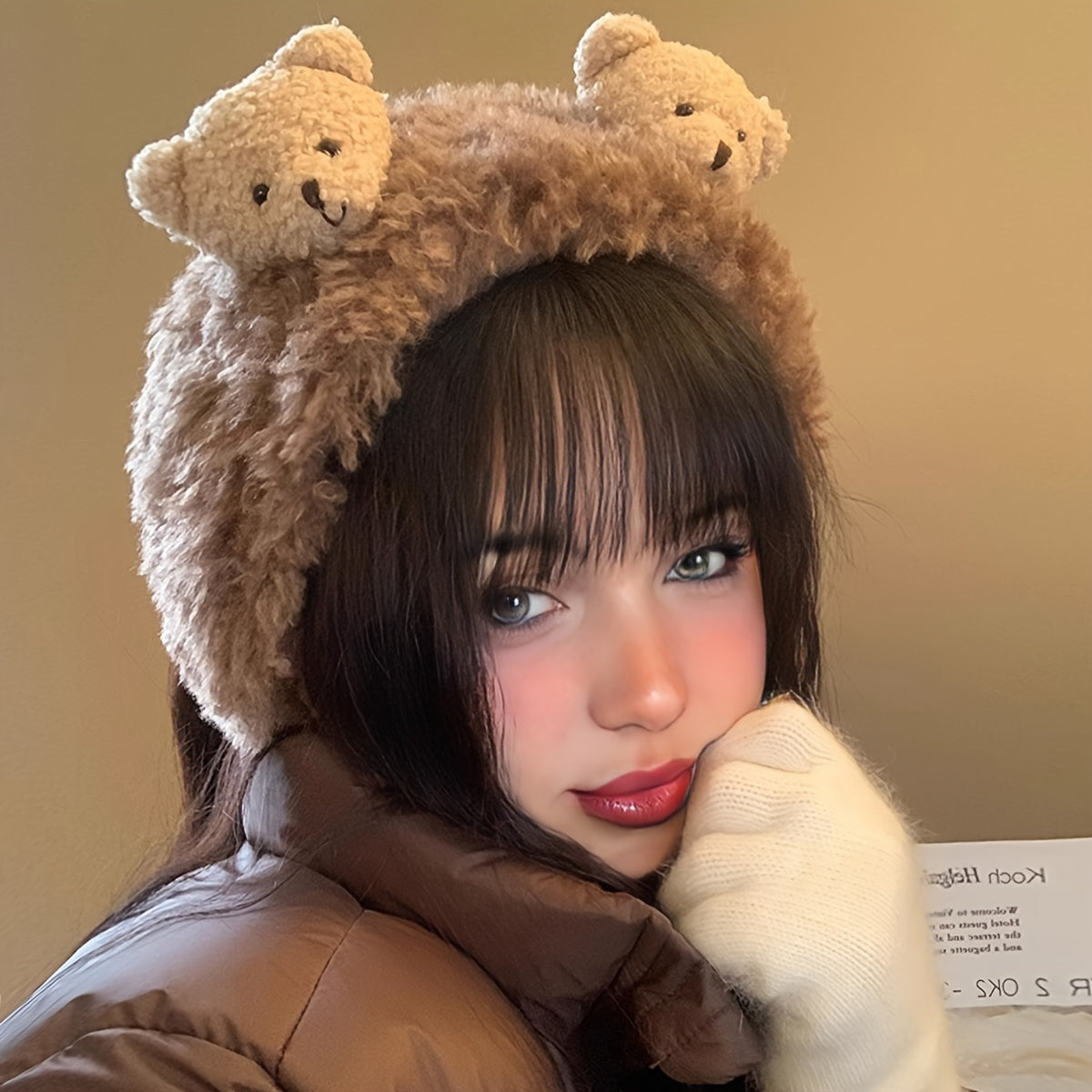 1 Cute Women'S Plush Bear Earmuffs - Cozy Fabric, Stretch Fit, Warm Ear Protection for Autumn & Winter, Occasion Theme, Hand Wash Only, Fashion Accessory | Playful Design | Soft Texture, Ear Warmers for Winter