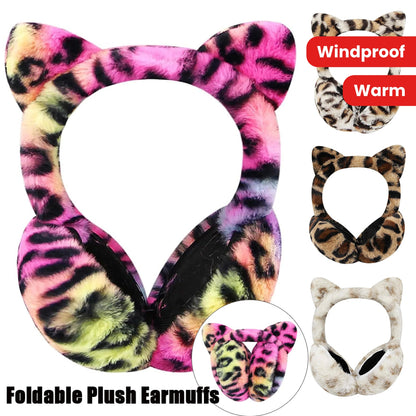 1pc Cute Animal Earmuffs for Women, Faux Fur Cat Ear Muffs Foldable Winter Warm Plush Ear Covers Ear Warmers Headband Outdoor Windproof Cold Weather Headwear for Ski Cycling Camping Running