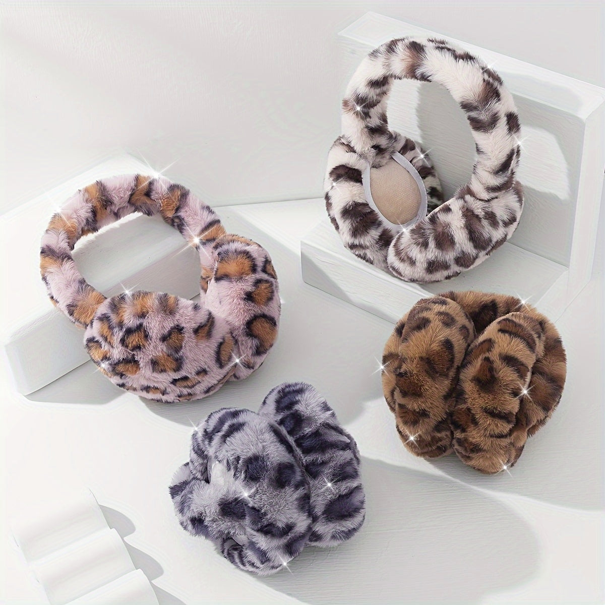 1 Chic Women's Leopard Print Fashion Earmuffs - Soft, Warm Polyester Stretch Comfort | Hand-Washable | Available in Brown, Black & White, and Grayish-Blue | Stylish & Cozy Ear Warmers