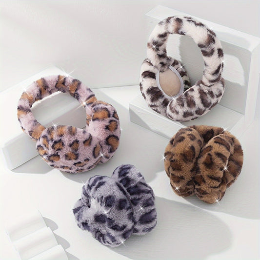 1 Chic Women's Leopard Print Fashion Earmuffs - Soft, Warm Polyester Stretch Comfort | Hand-Washable | Available in Brown, Black & White, and Grayish-Blue | Stylish & Cozy Ear Warmers